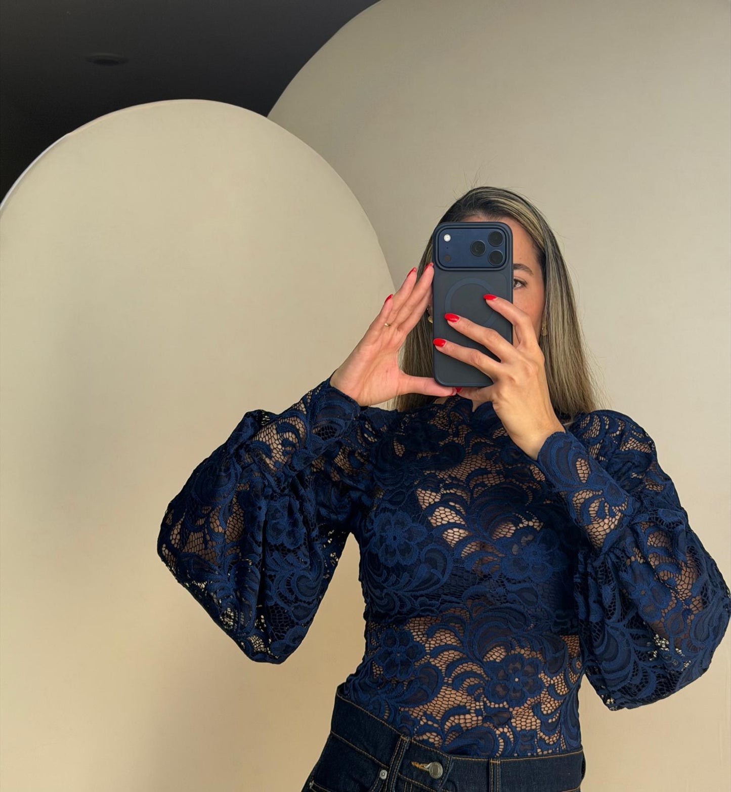 MAXI MANGAS •LACE NAVY•
