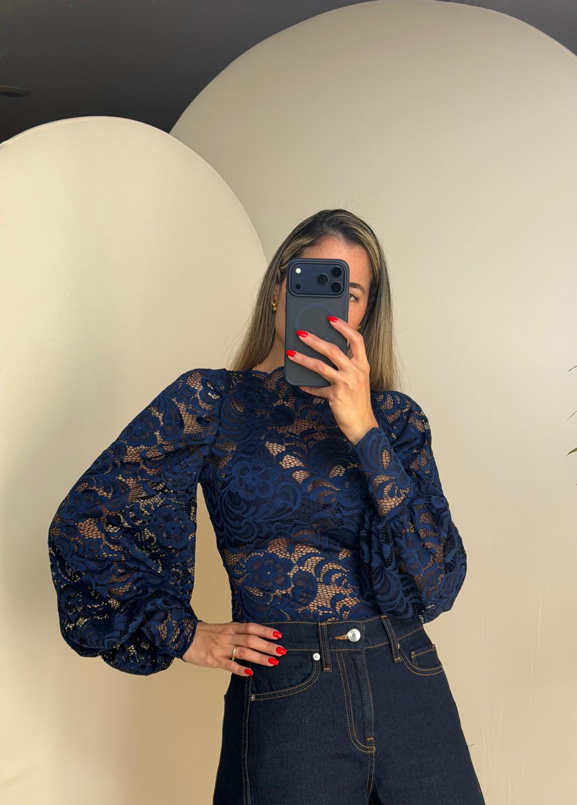 MAXI MANGAS •LACE NAVY•
