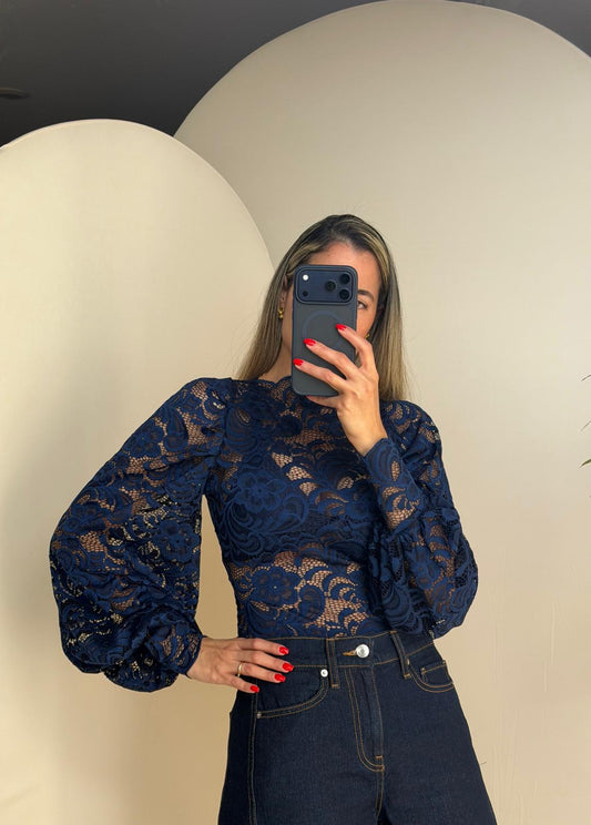 MAXI MANGAS •LACE NAVY•